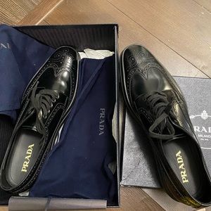PRADA BLACK LEATHER BROGUE WINGTIP PLATFORM OXFORDS